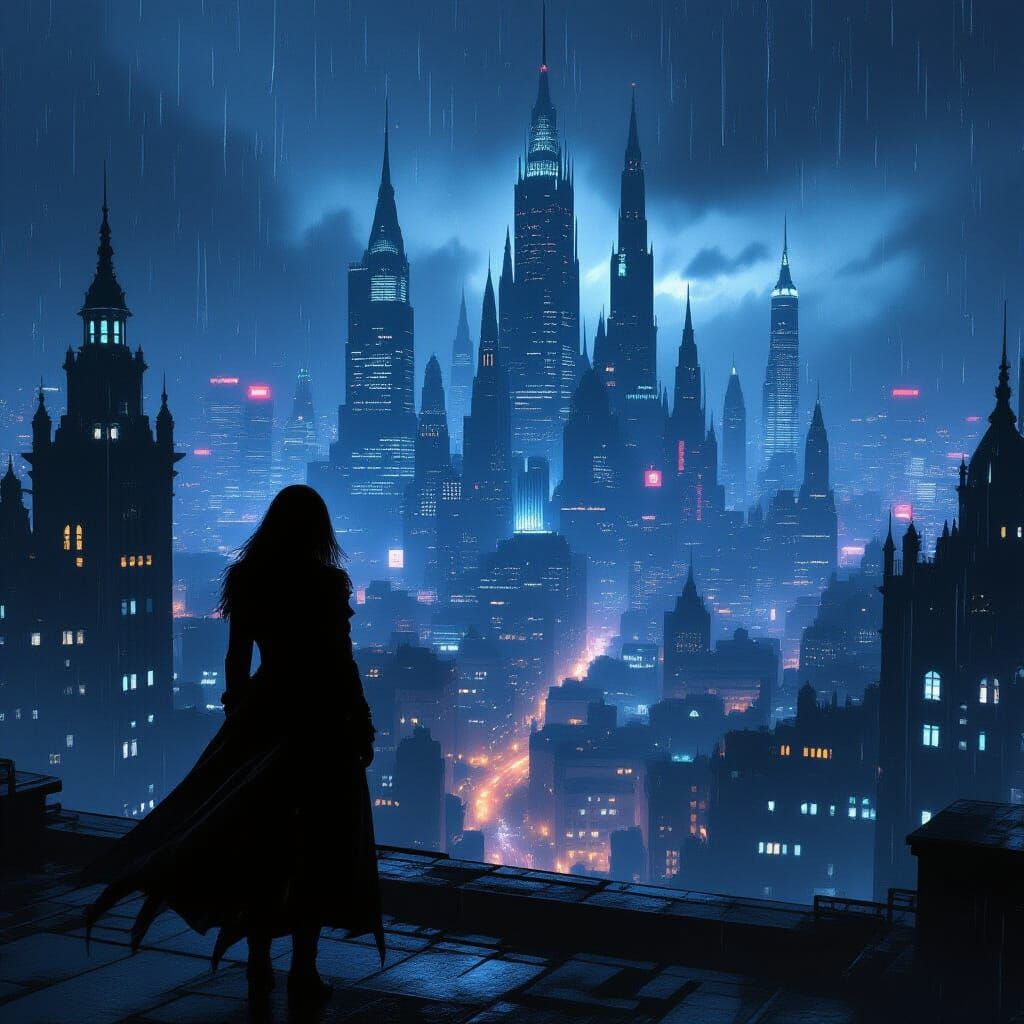 Shadowy Figure Overlooking Neon Metropolis in Dark Fantasy S...