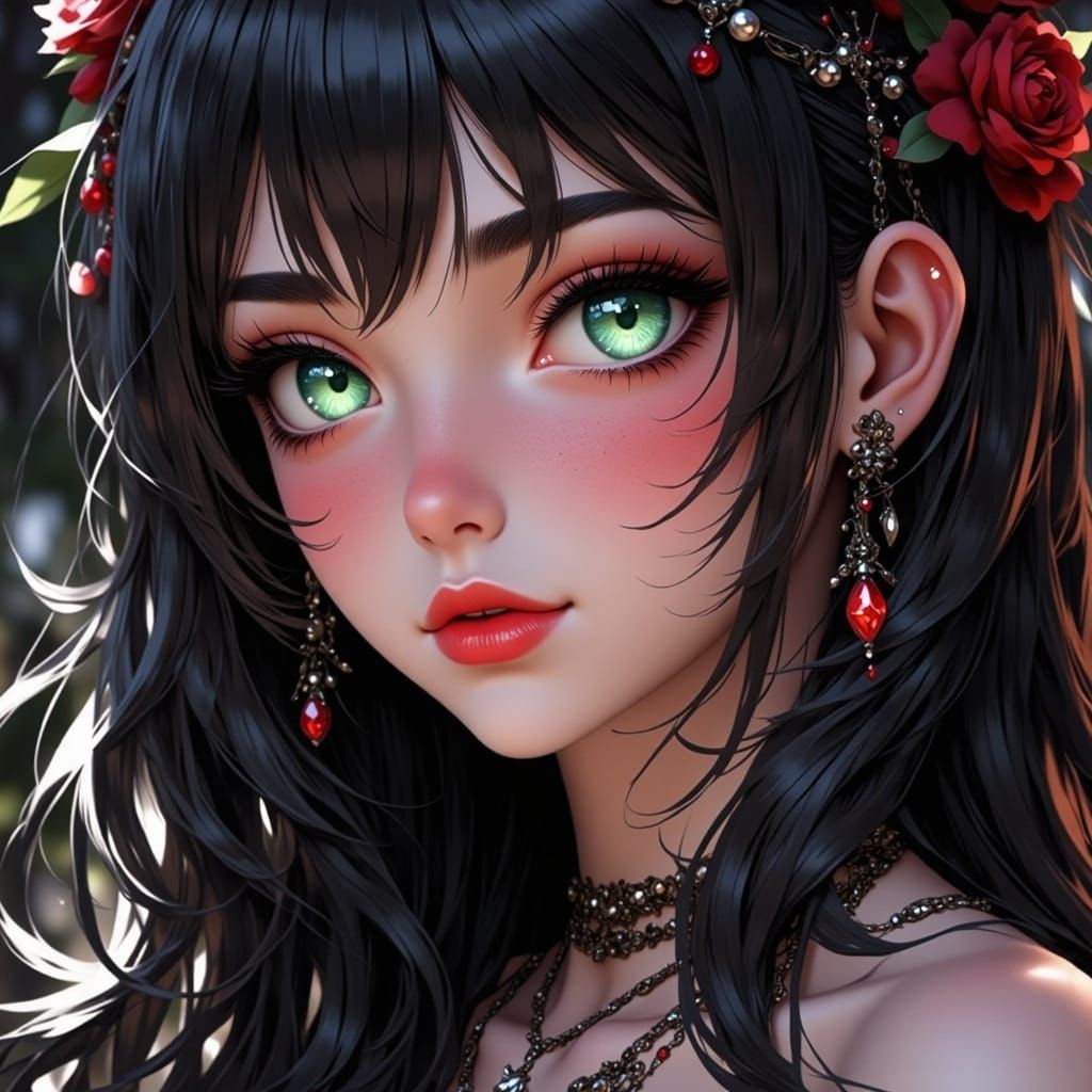 Ethereal Woman with Gothic Makeup and Shiny Black Hair