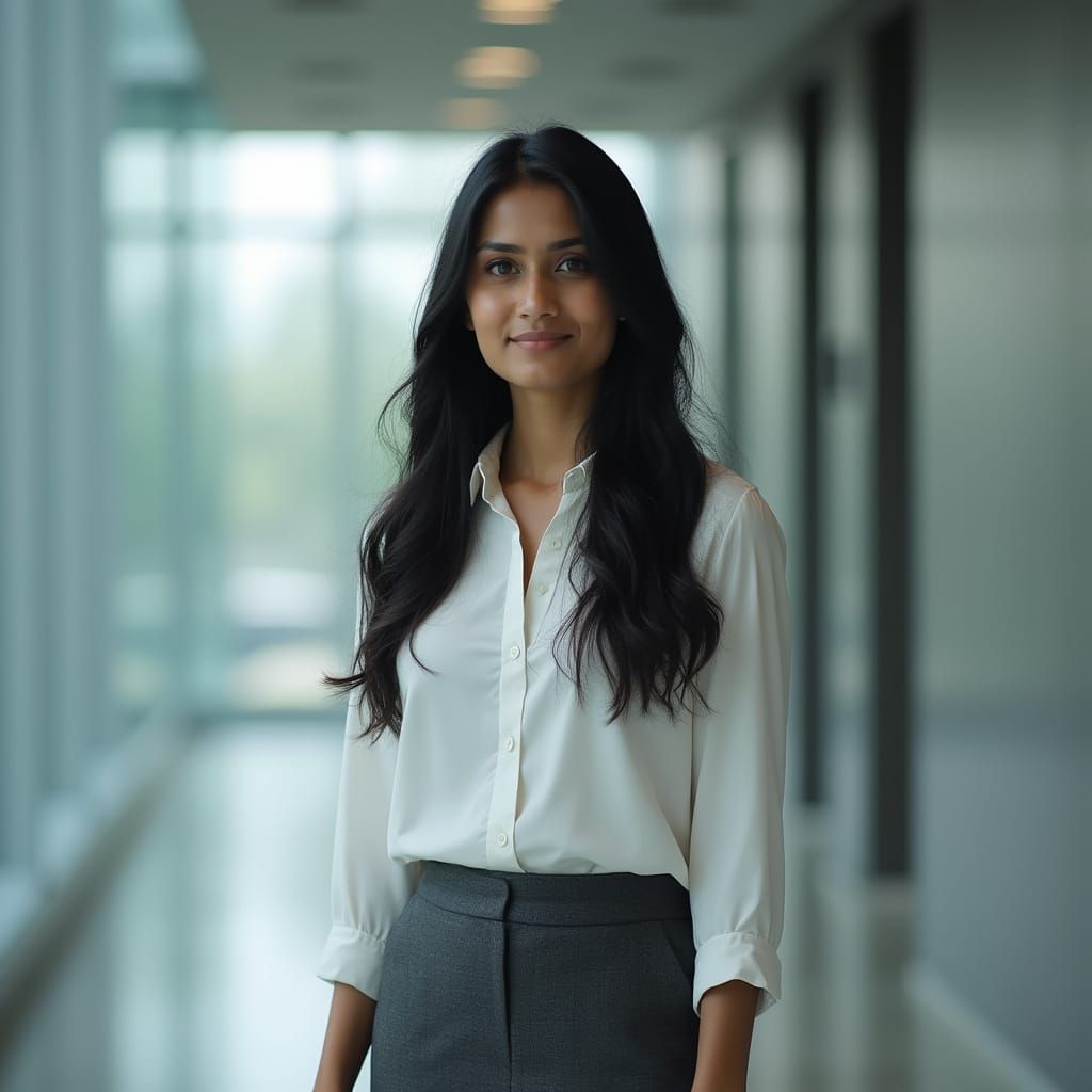Indian Woman in Office Lobby: Photorealistic Portrait