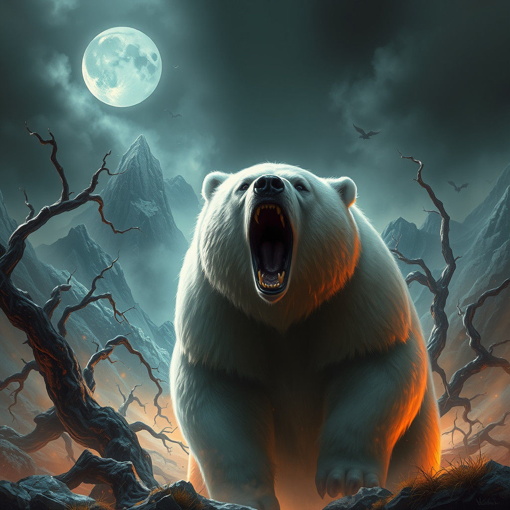 Fearsome White Bear Roaring in Eerie Landscape