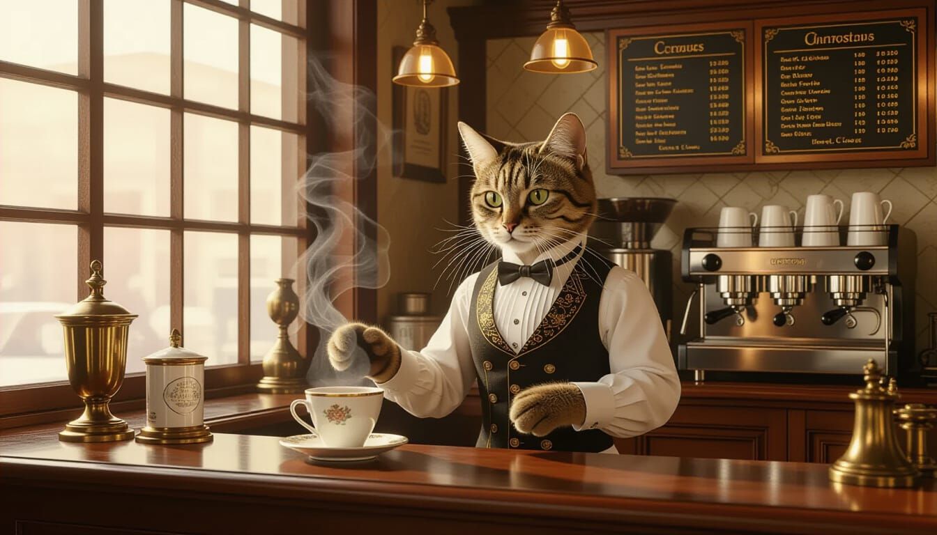Victorian Cat Barista Serves Coffee in Futuristic Cafe