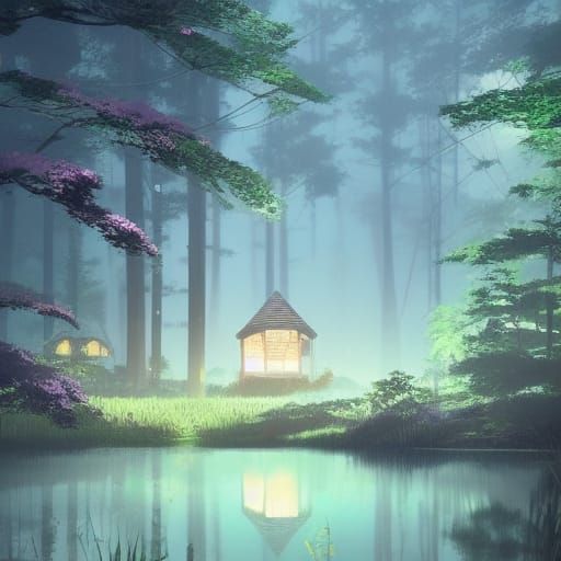 Peaceful Forest Getaway in Anime Art Style