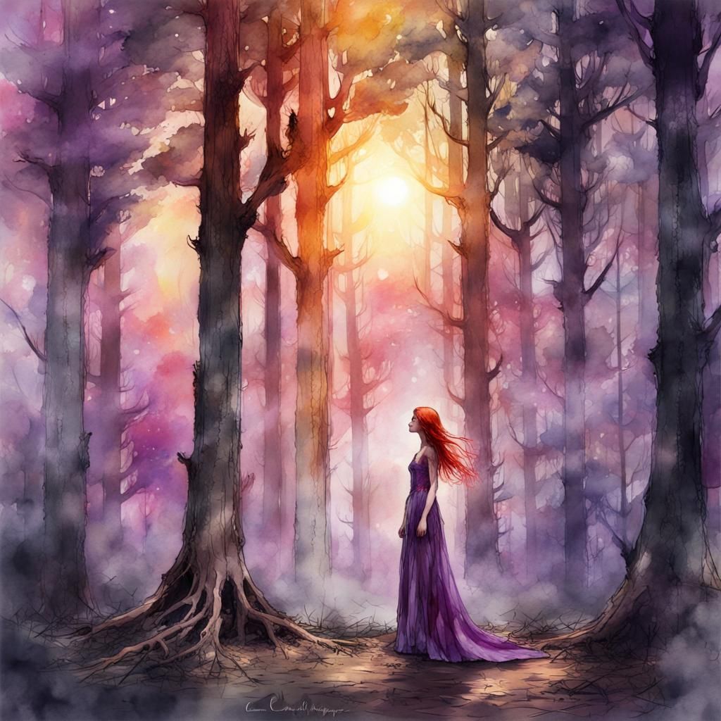 Redhead Elf Woman Gazing at Sunset, Digital Watercolor