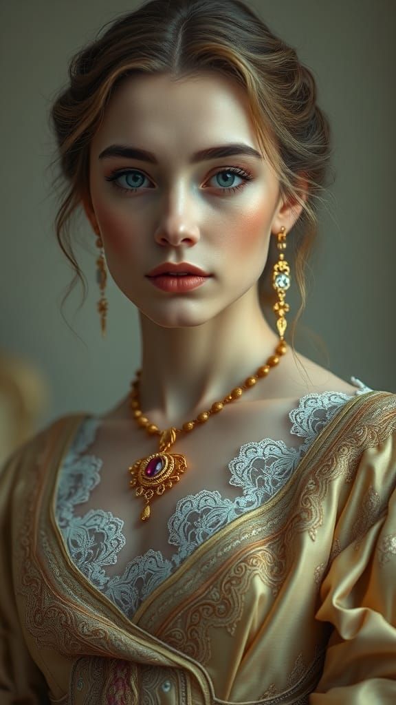 Hyperrealistic Woman in Embroidered Dress and Gold Jewelry