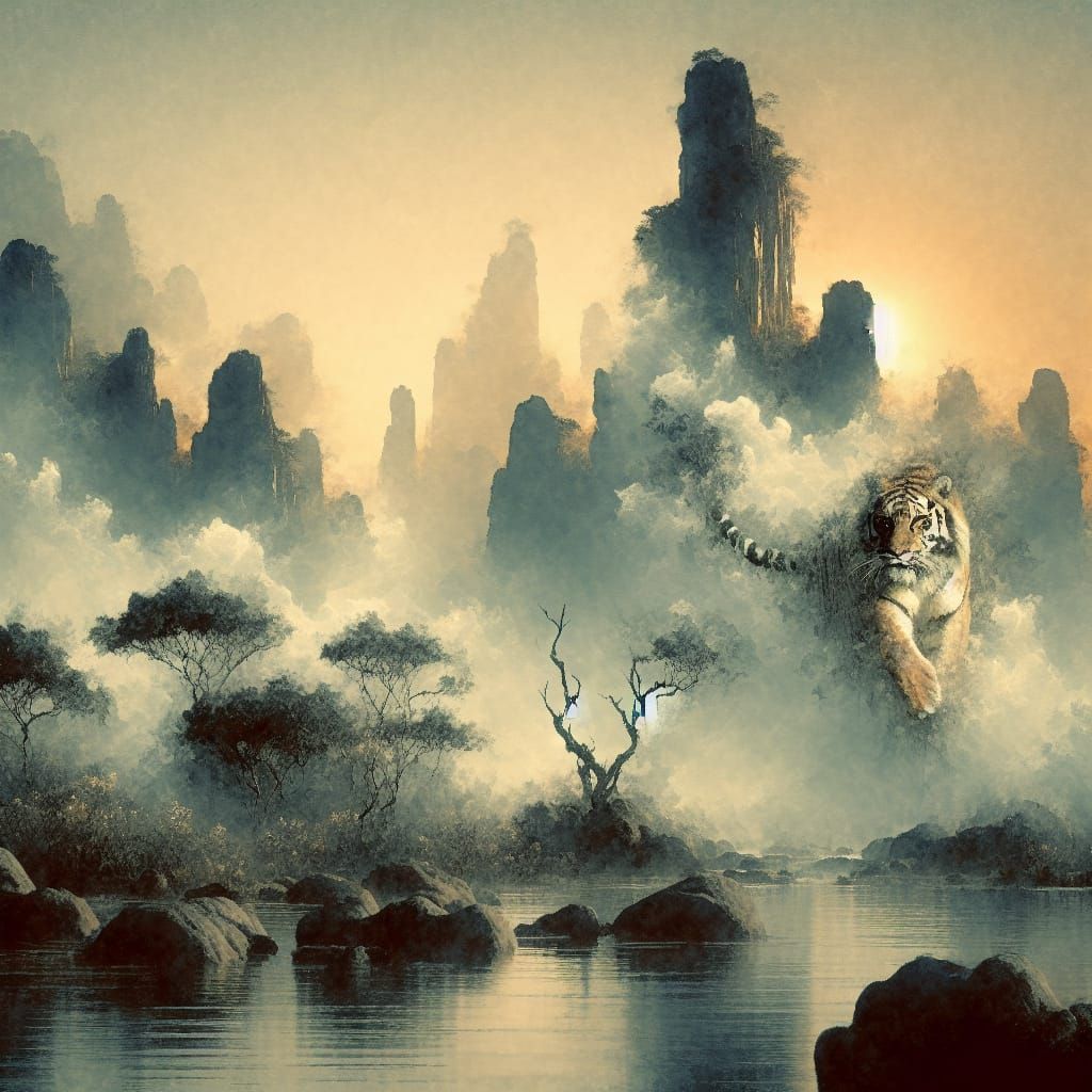 Tiger Emerges at Sunrise: Romantic Watercolor Painting