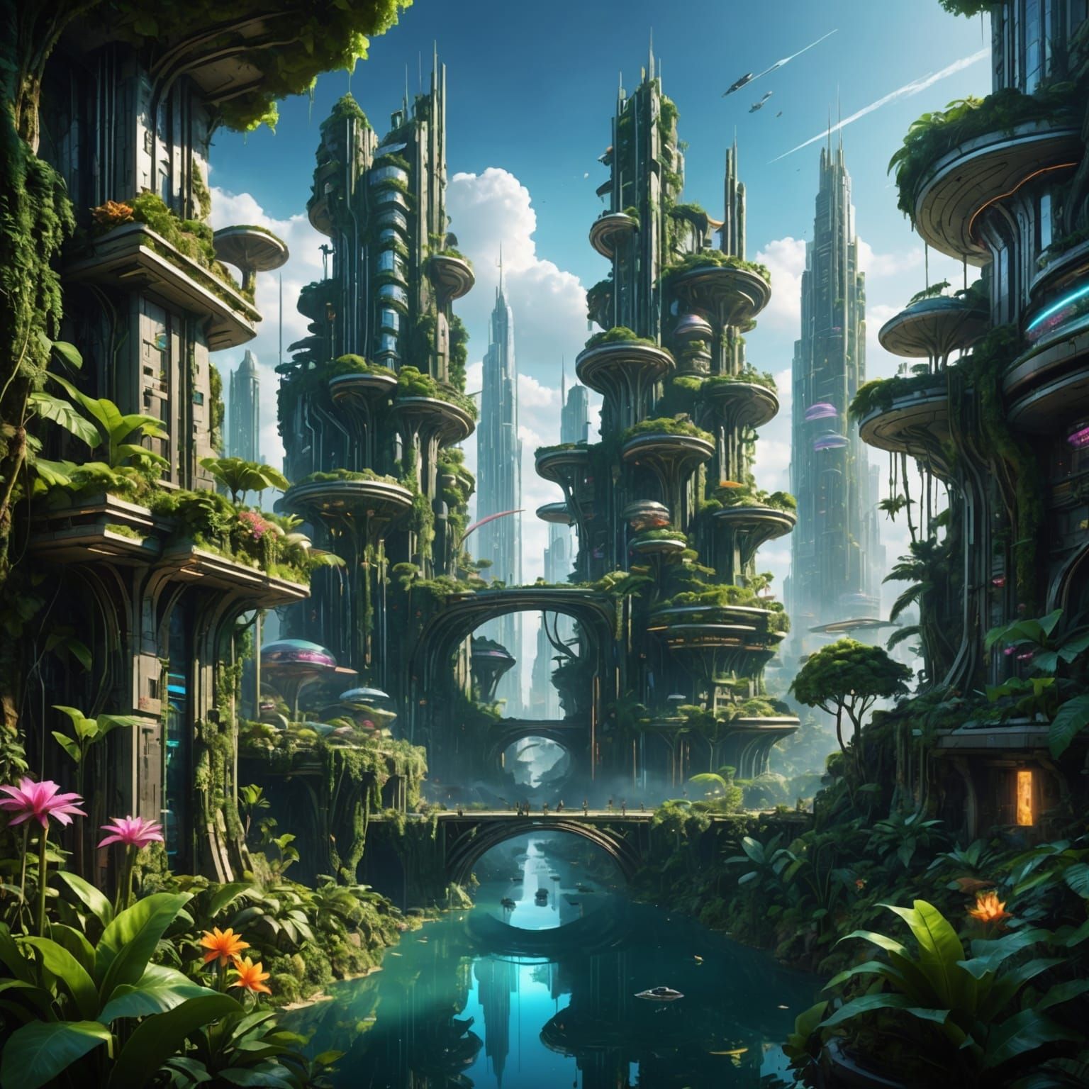 Surreal Futuristic City Above Ancient Jungle