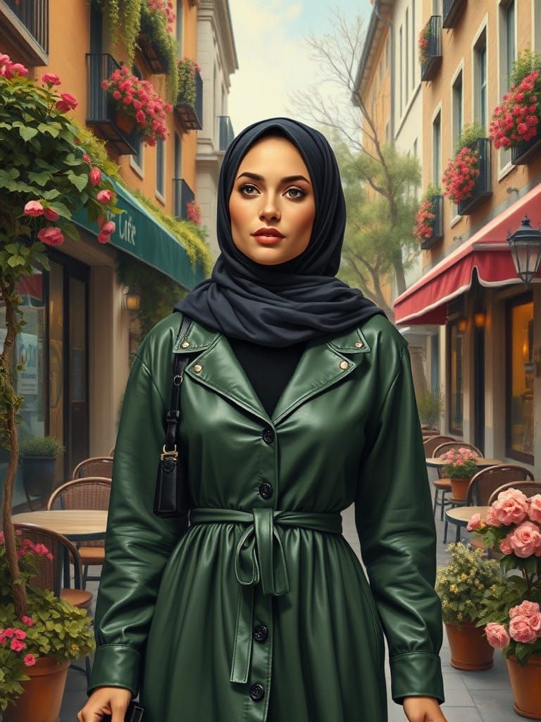 A Beautiful Hijabi Woman in a Bustling City