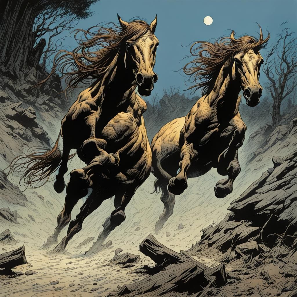 Wild Horses Running in Dark Fantasy Style