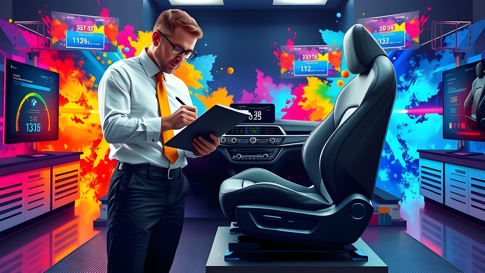 Energetic Digital Portrait of a Man Analyzing Luxury Car Sea...