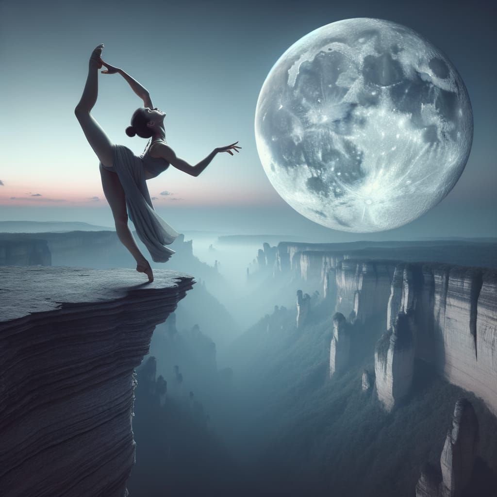 Ethereal Acrobat Connects with Radiant Moon at the Edge of t...