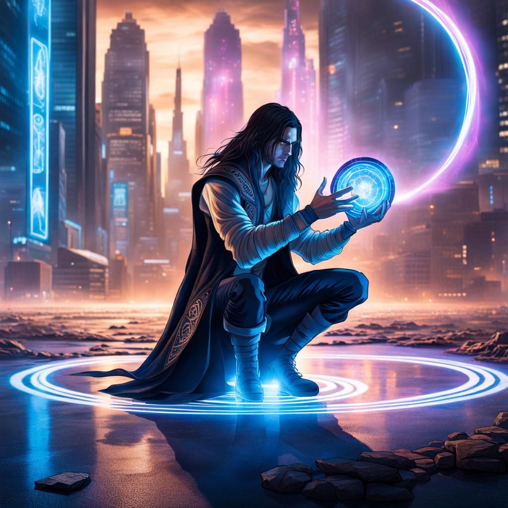 Cyberpunk Mage Casting Spell in Cityscape