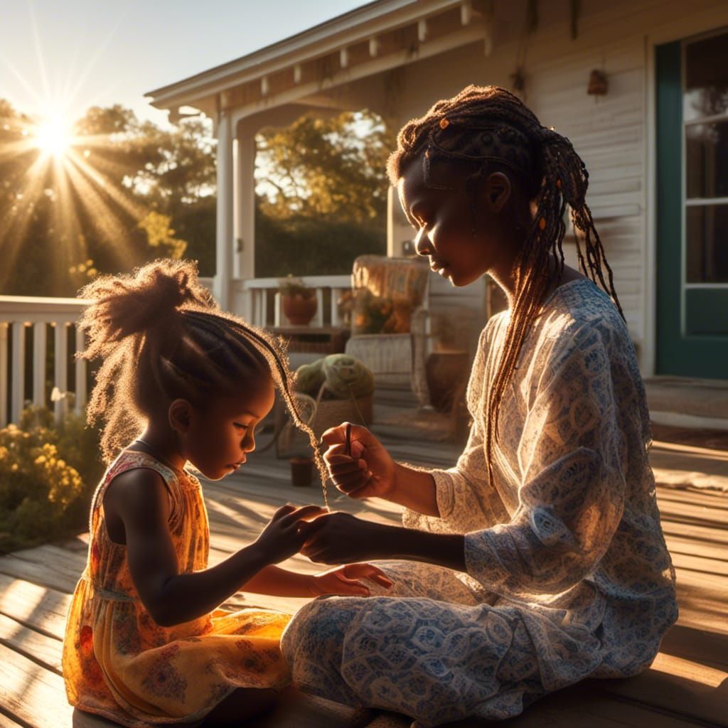 Afrofuturist Mother Braiding Hair in Hyperrealism Style