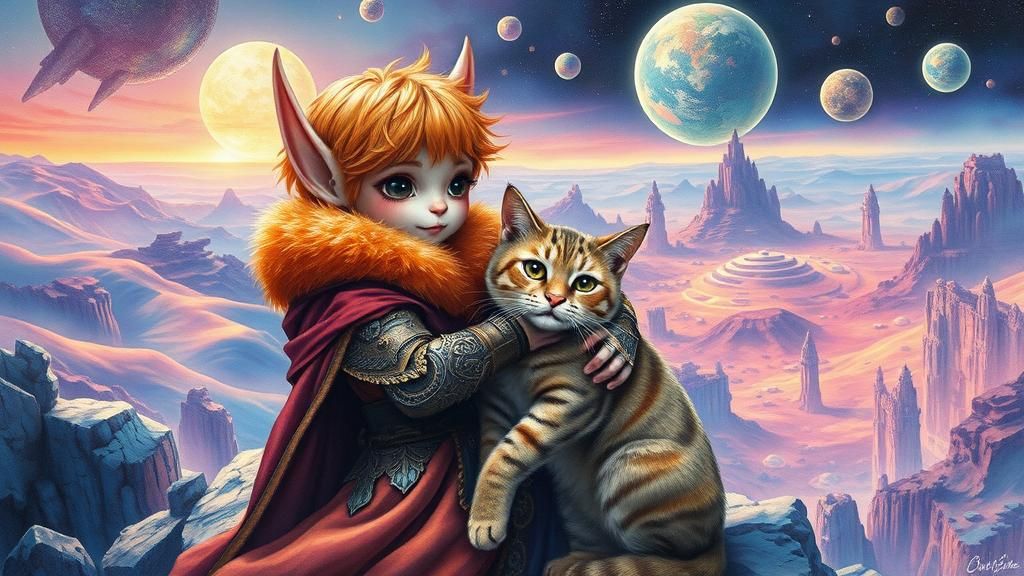 Elf in Armor with Cat in Dreamlike Landscape