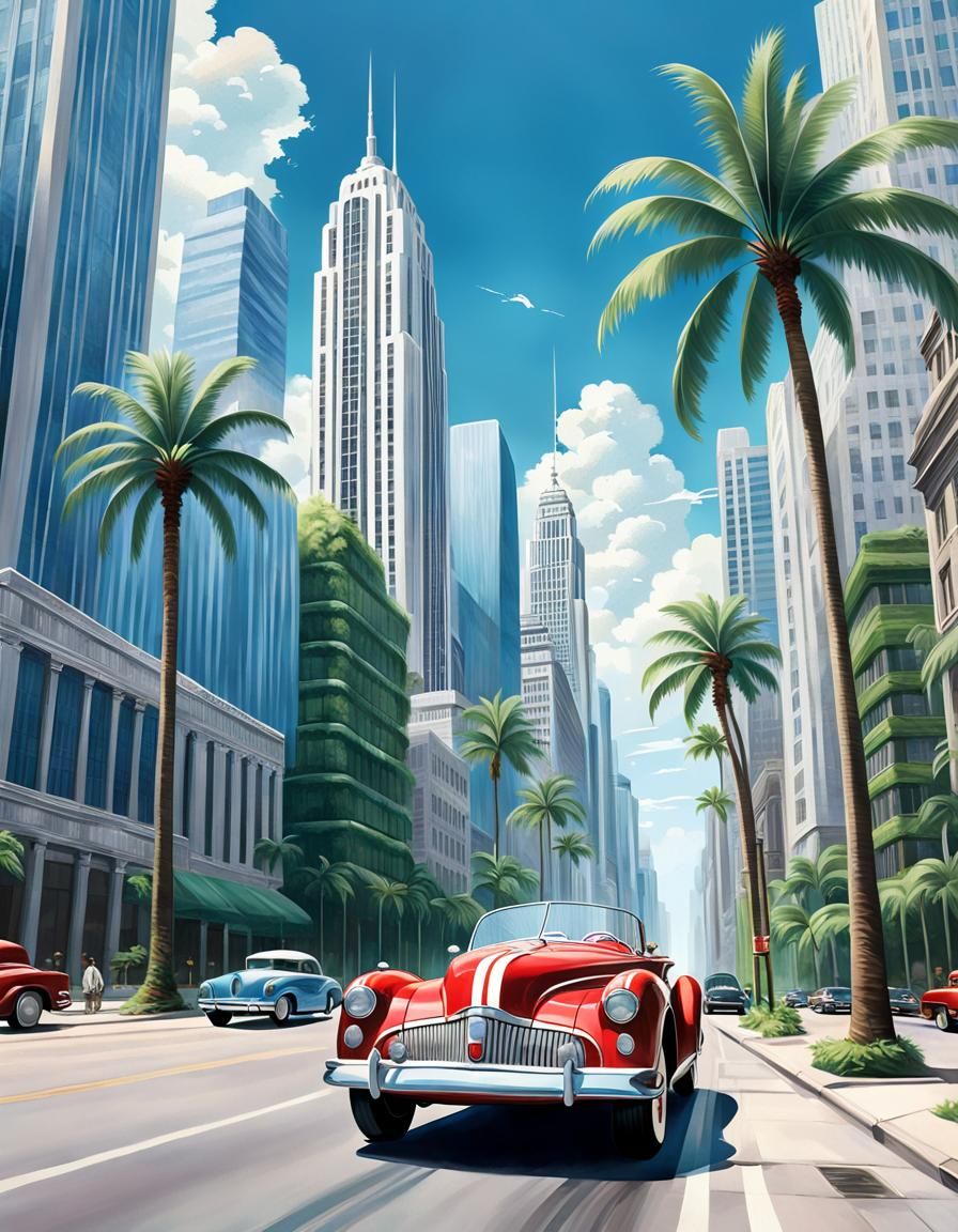 Art Deco Car Cruising City Street