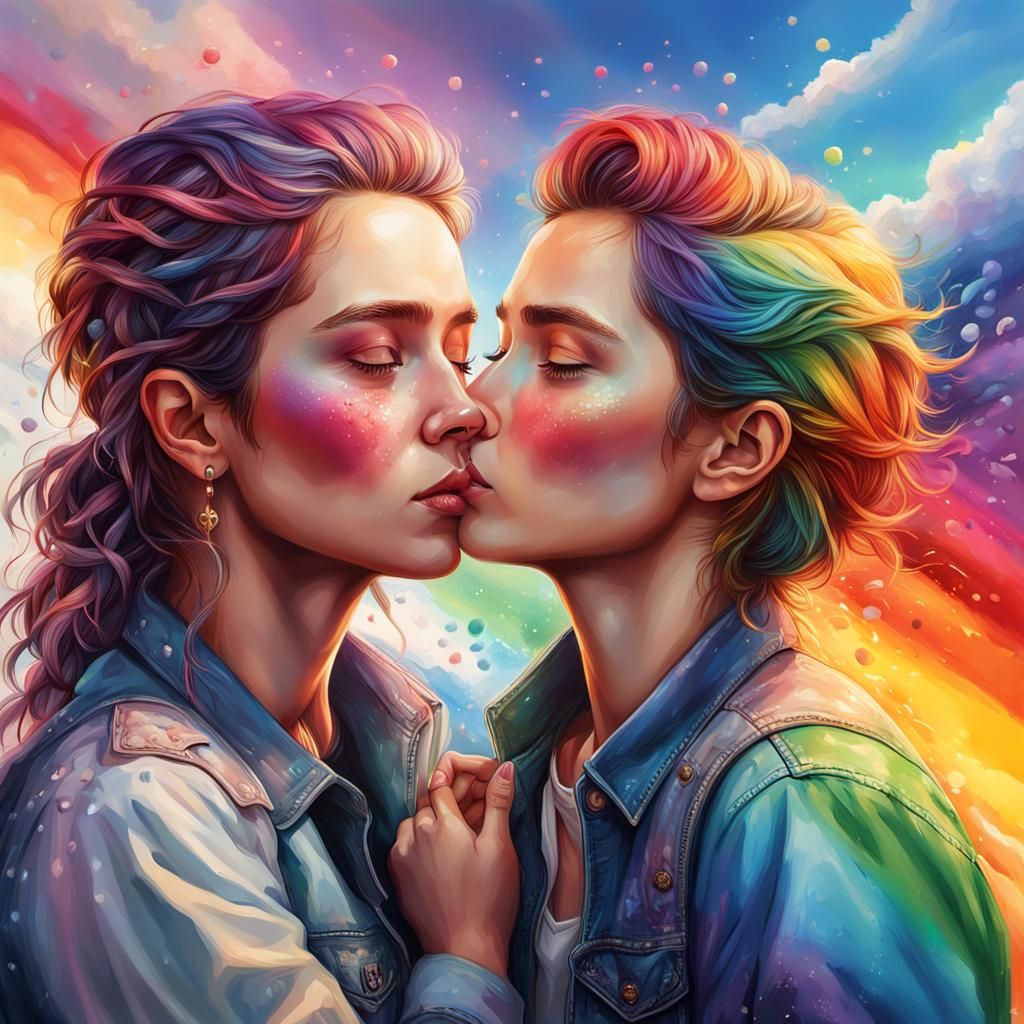 Lesbian Kiss Under Rainbow Sky: Hyperrealistic Portrait