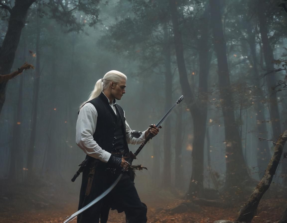 Wounded Swordsman in Moonlit Forest, Cinematic Film Still