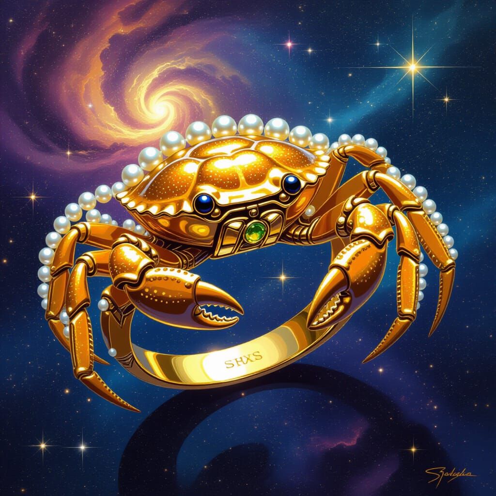 Crab Insignia Gold Ring with Cosmic Nebula Background