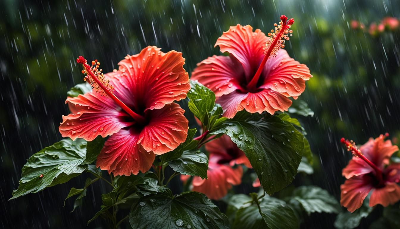 Rain-Kissed Hibiscus Flowers in Eldritch Matte Painting