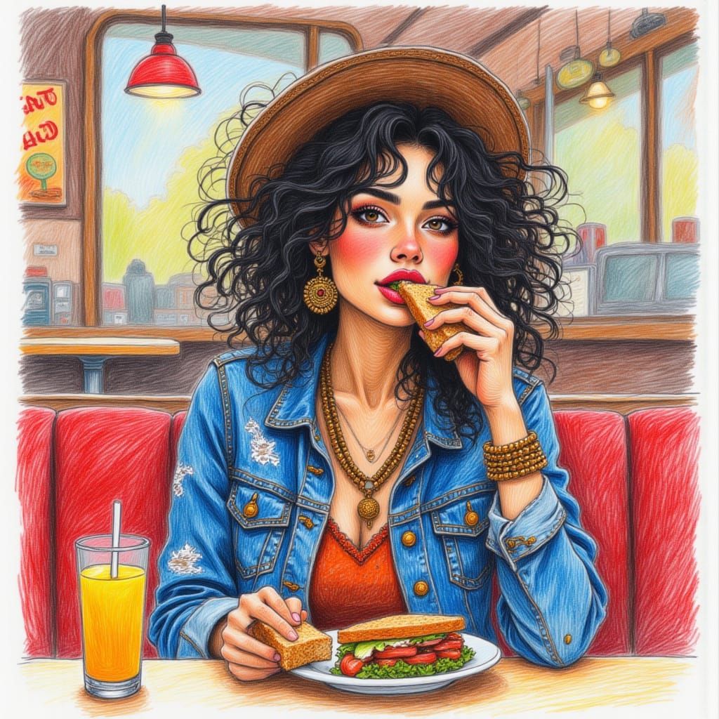 Boho Woman Enjoys Sandwich in Nostalgic Diner