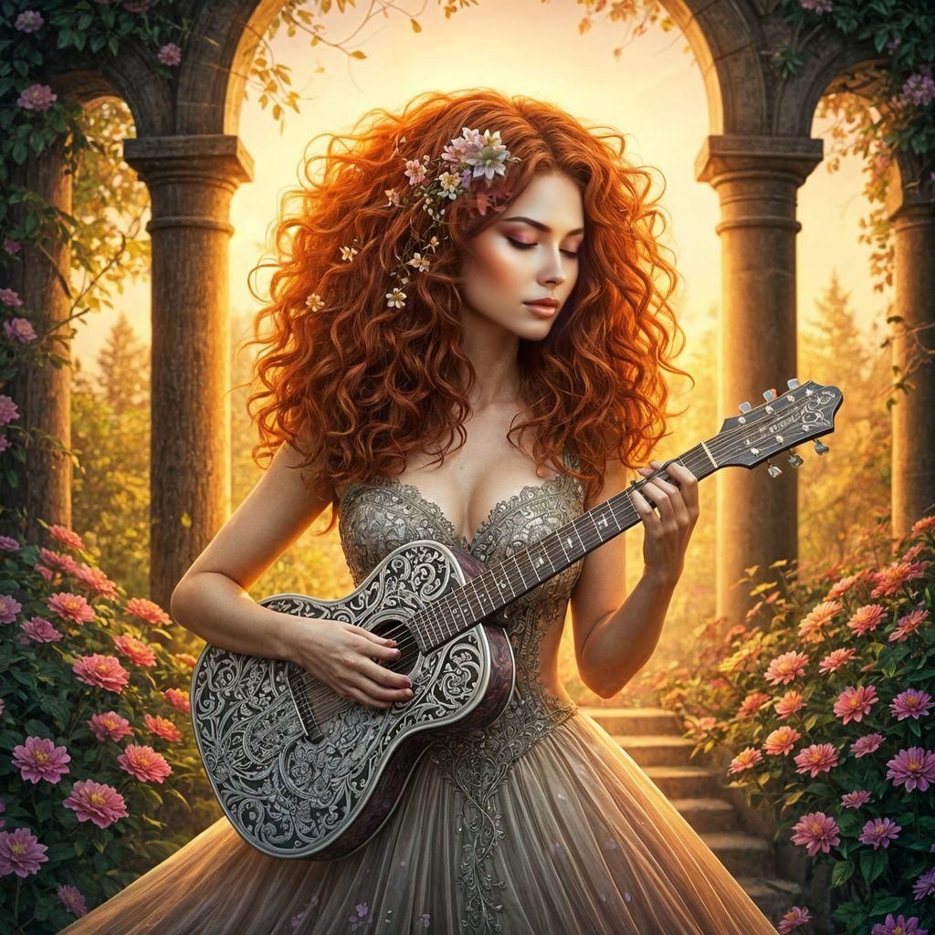 Fiery Witch Guitarist in Watercolor Sunset