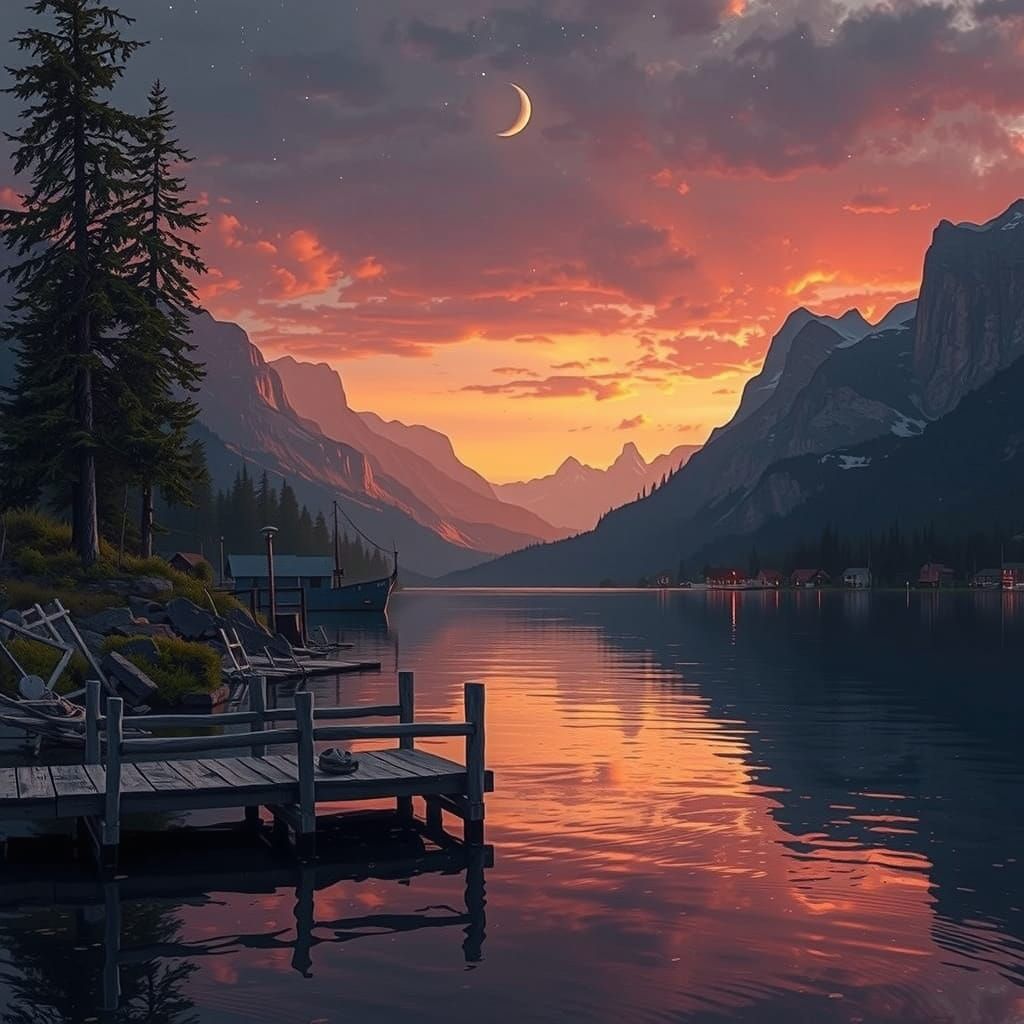 Serene Mountain Lake at Sunset with Majestic Peaks and Woode...