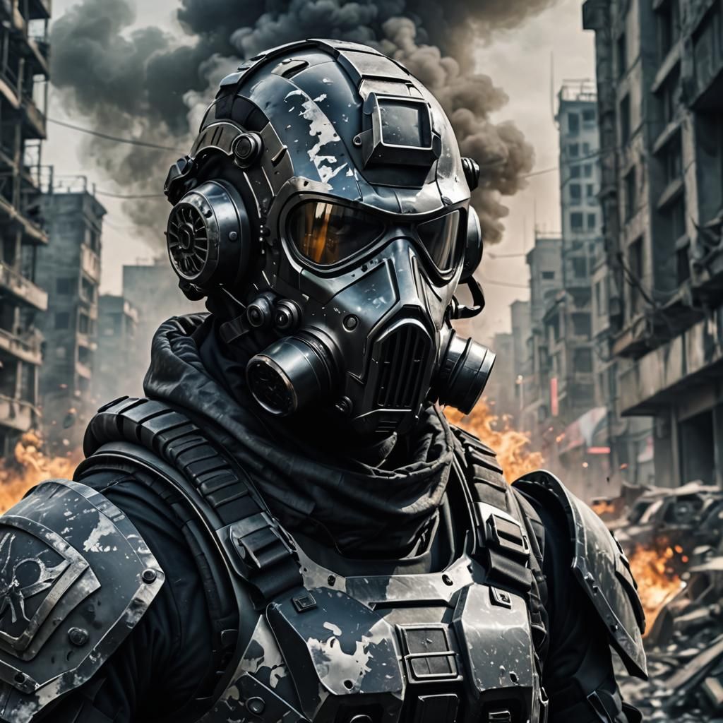 Futuristic Soldier in Armored Gasmask with Urban Background