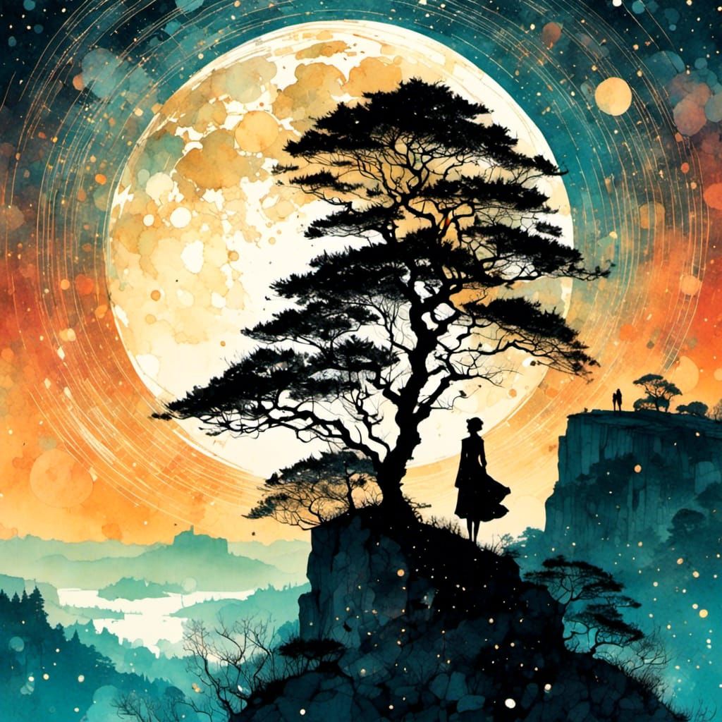 Dreamy Silhouette Gazing at Glowing Galaxies Illustration