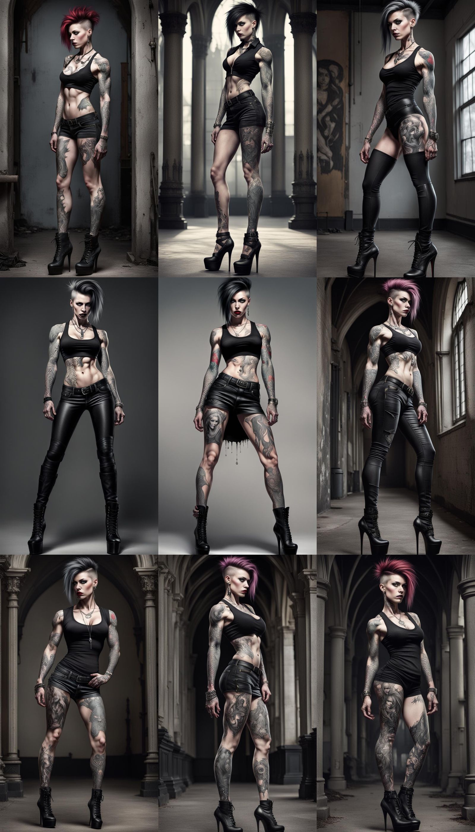 Hyperrealistic Gothic Punk Tattooed Woman in High Heels