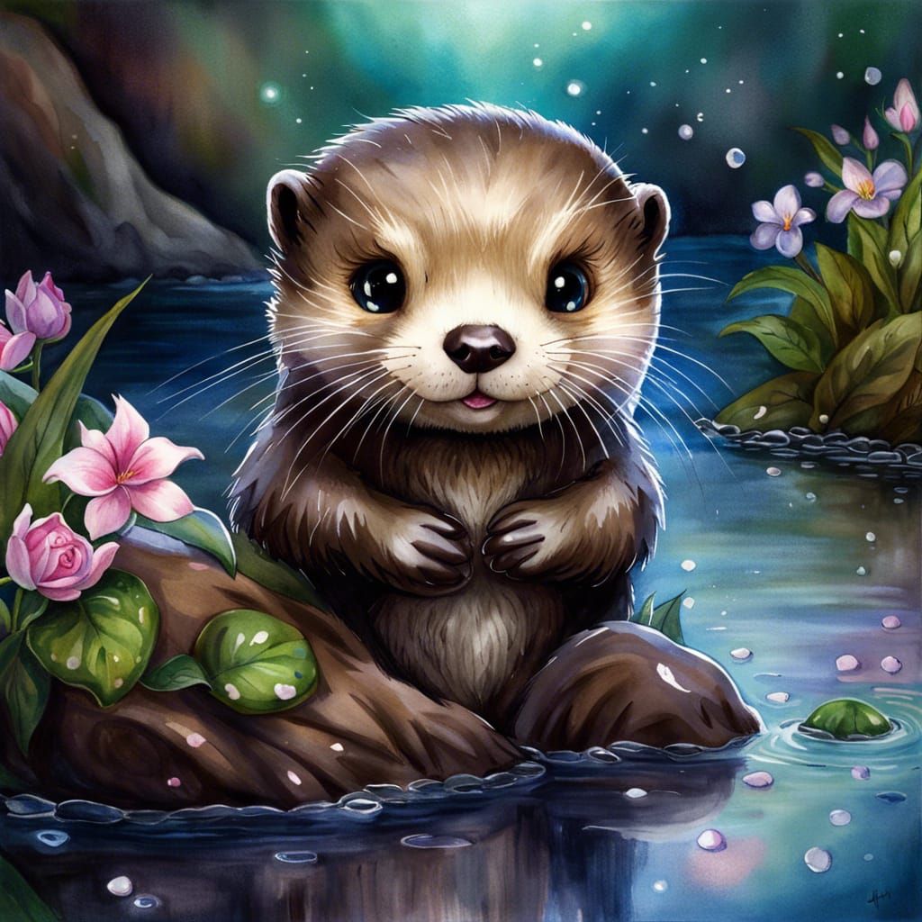 Cute Otter by River in Watercolor Painting