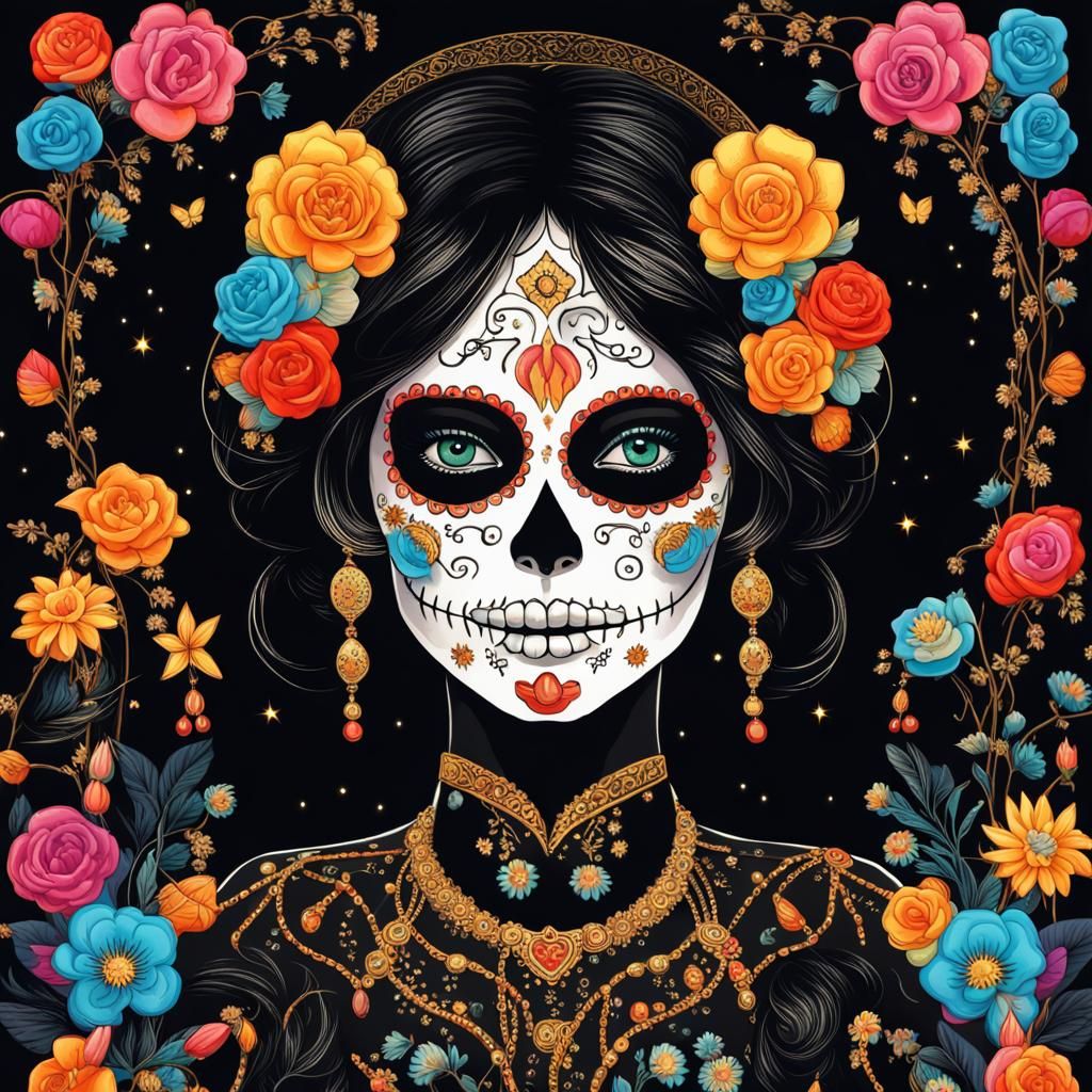 Dia de los Muertos Woman Under Fairy Lights