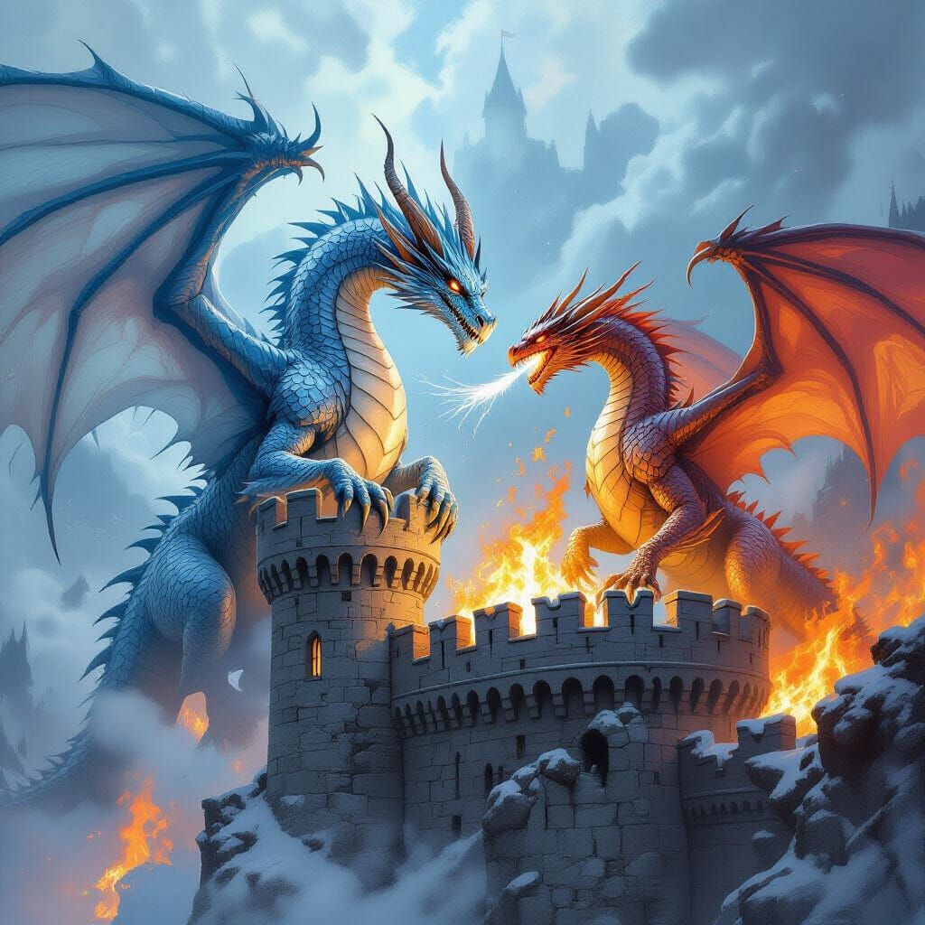 Ice Dragon vs Fire Dragon on Medieval Castle