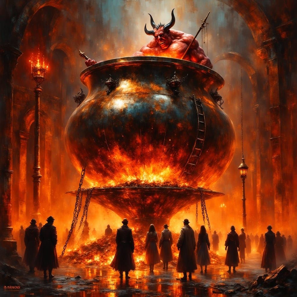 Hyperrealistic Hellscape: Demon Stirring Cauldron
