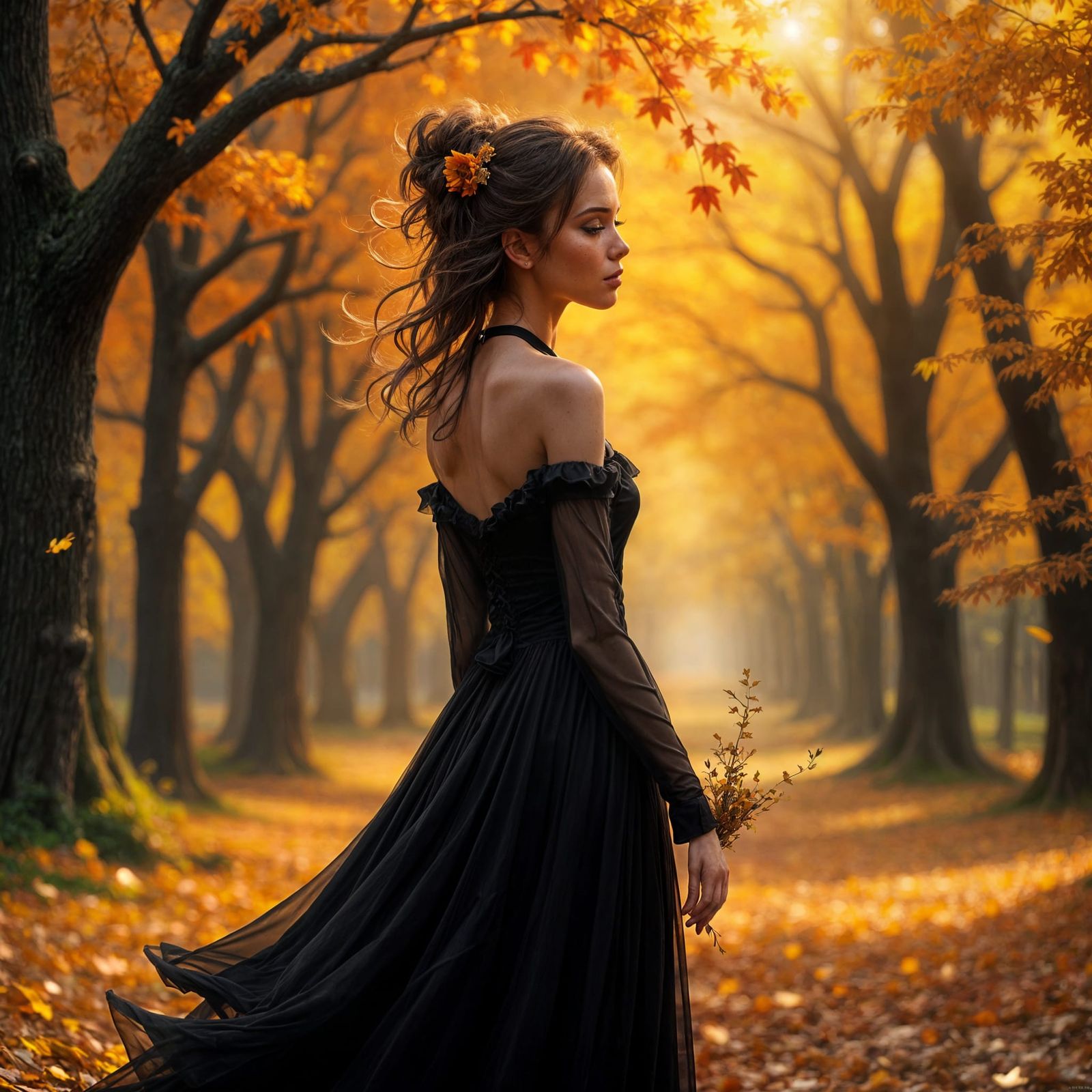 Radiant Woman in Black Gown Autumn Park Stroll