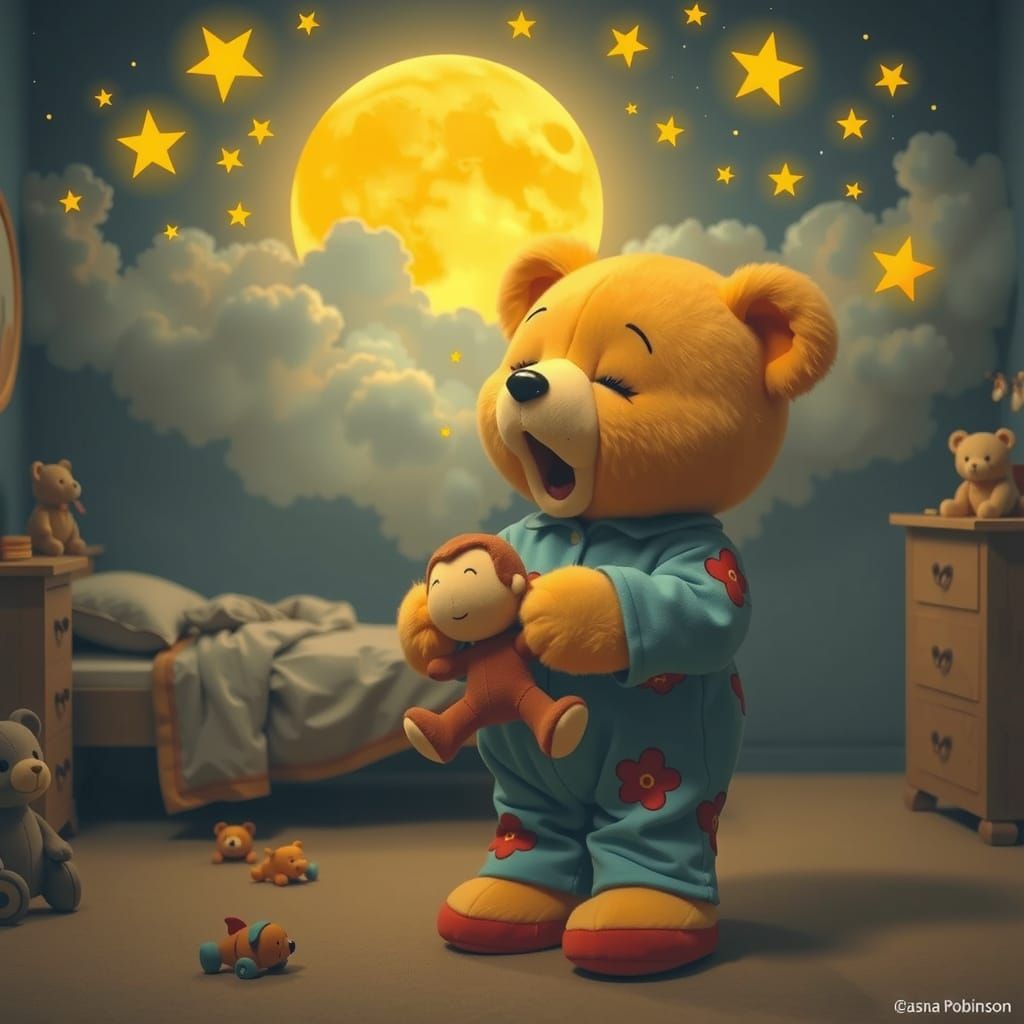 Sleepy Teddy Bear in Whimsical Children's Room
