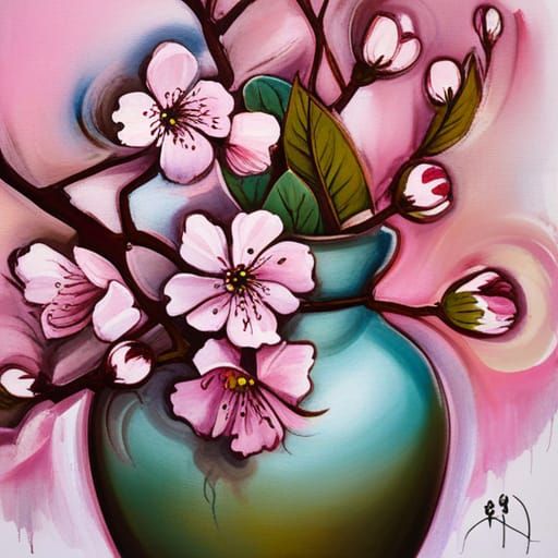 Cherry Blossom Still Life in Japanese Graffiti Style