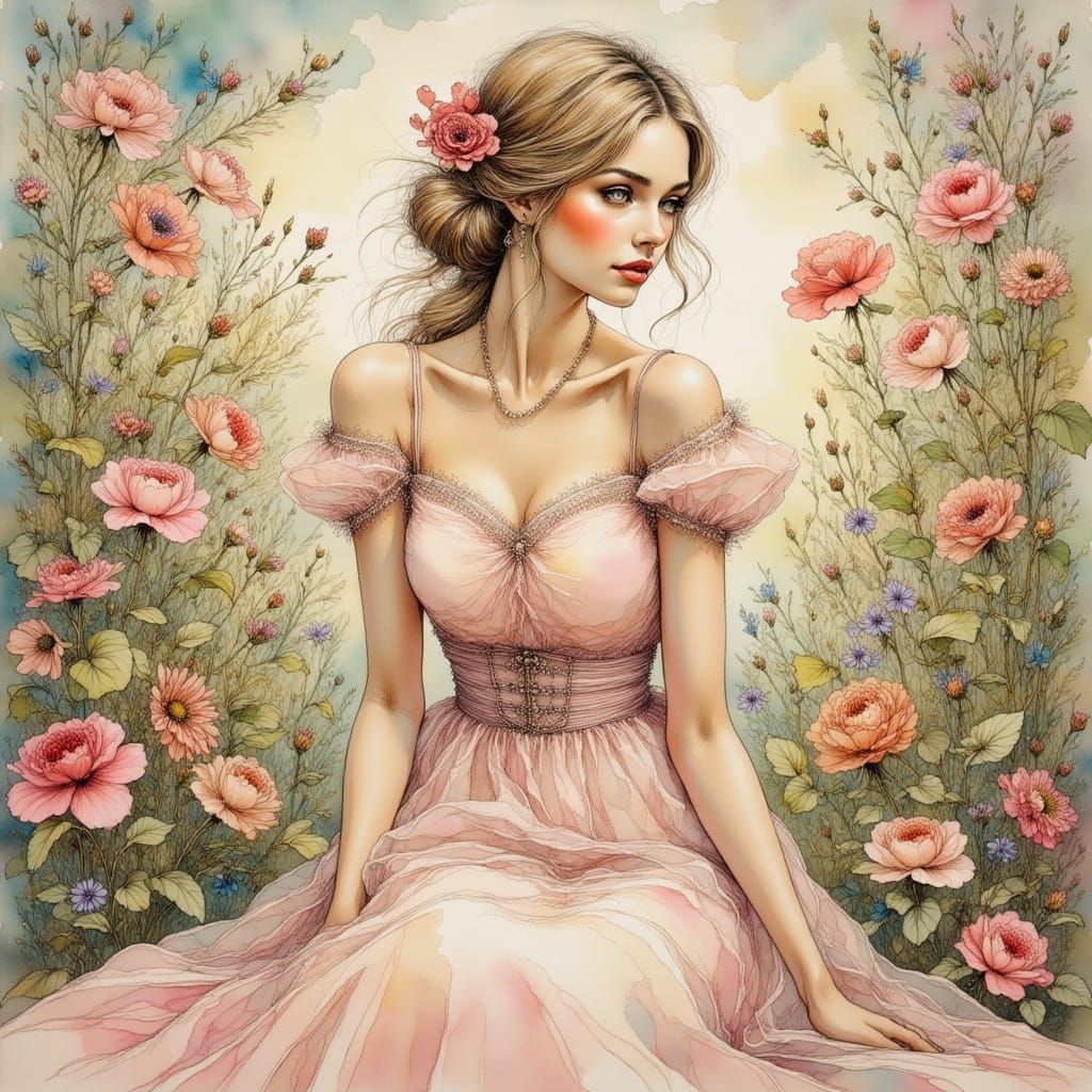 Elegant Lady in Garden, Alphonse Mucha Style