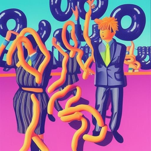 16k resolution, art by Yoko Honda, Rene Magritte. People made out of pretzel. Retro 80s pretzel dance party, neon lights...