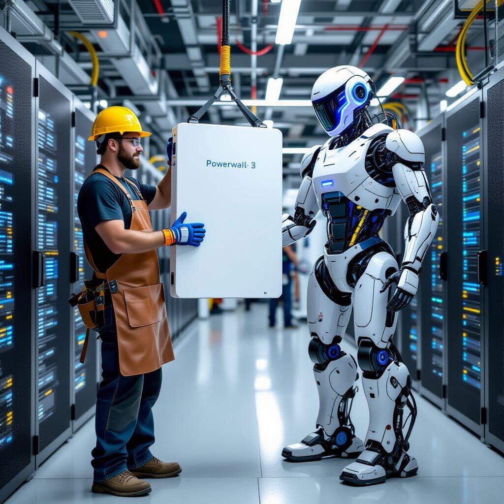 Electrician and Robot Lift Powerwall 3 in Data Center