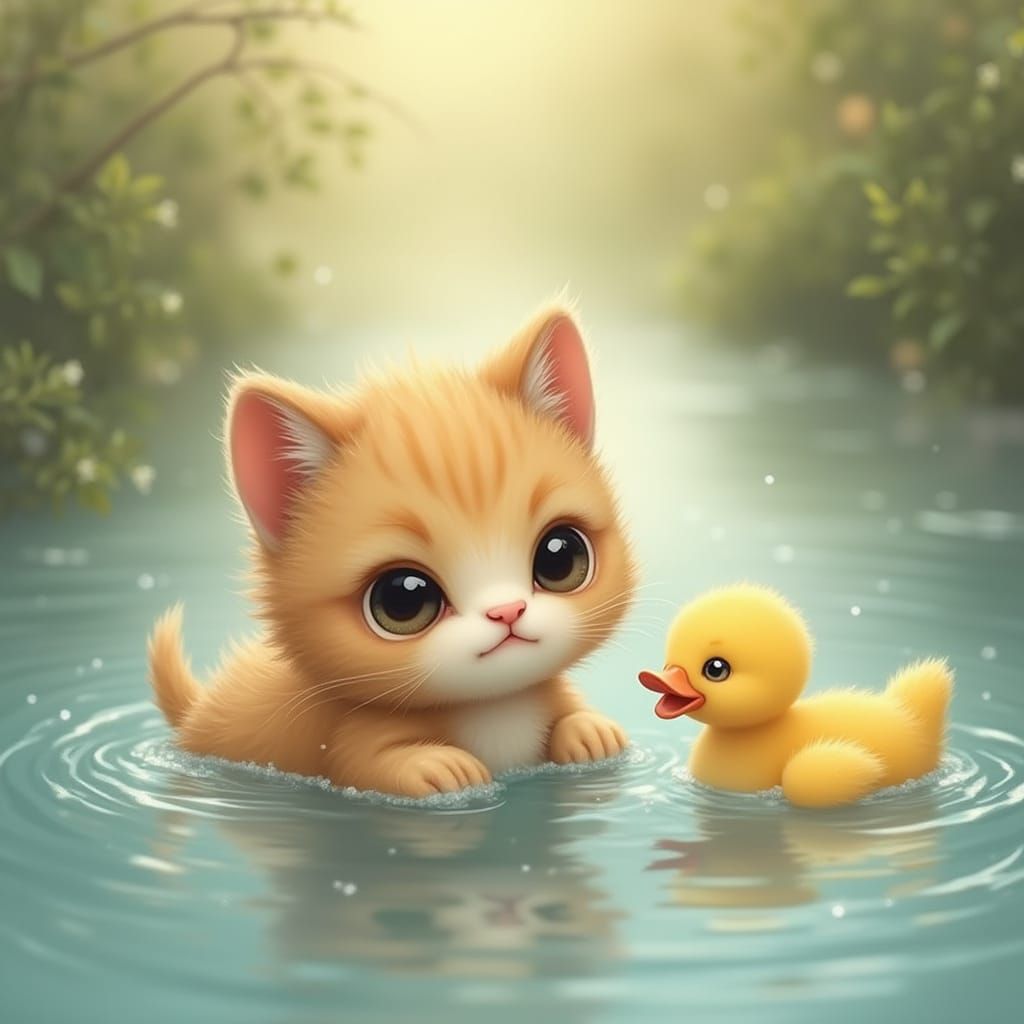 Kitten and Duckling in Heartwarming Whimsical Scene