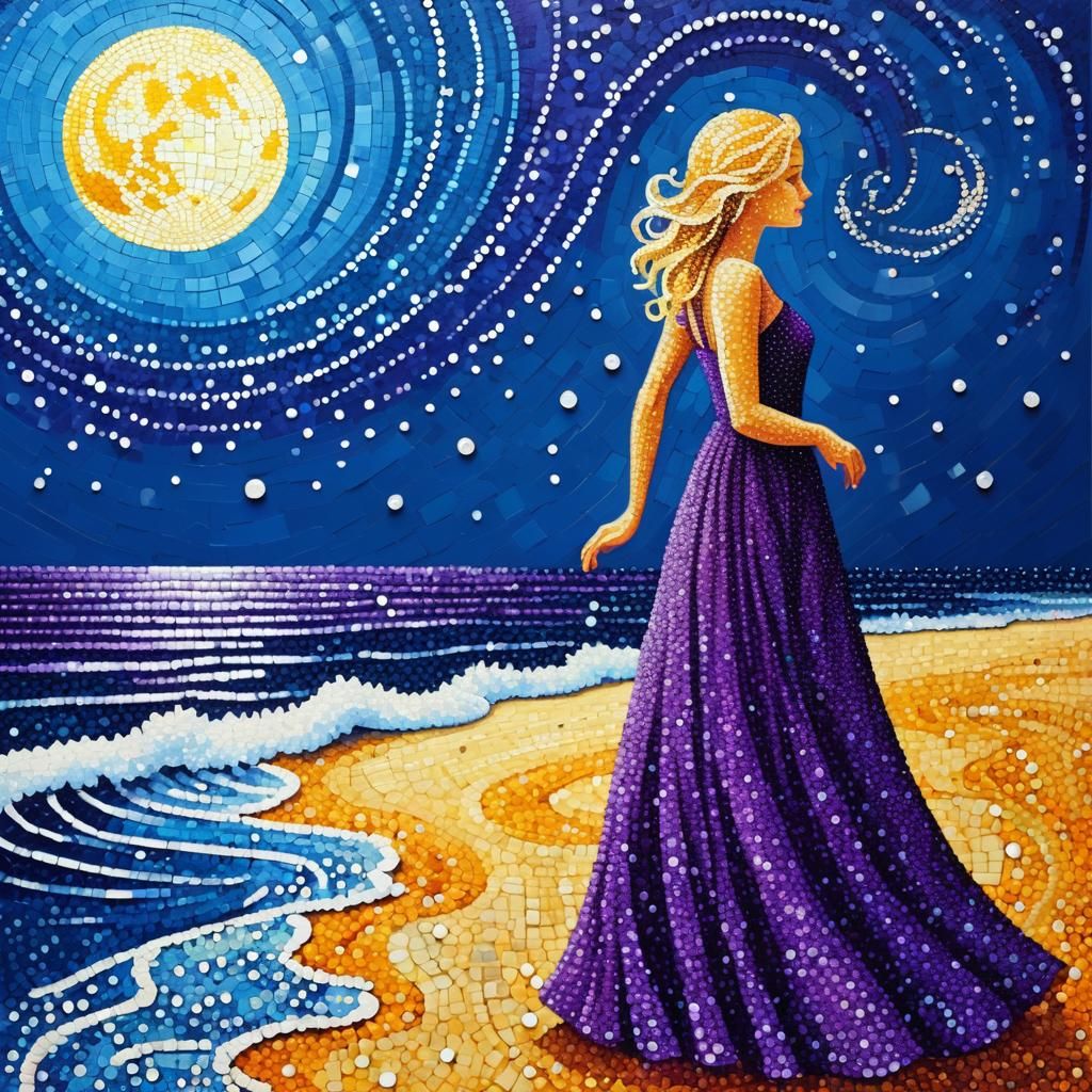 Pointillist Lady on Beach Under Spiraled Stars