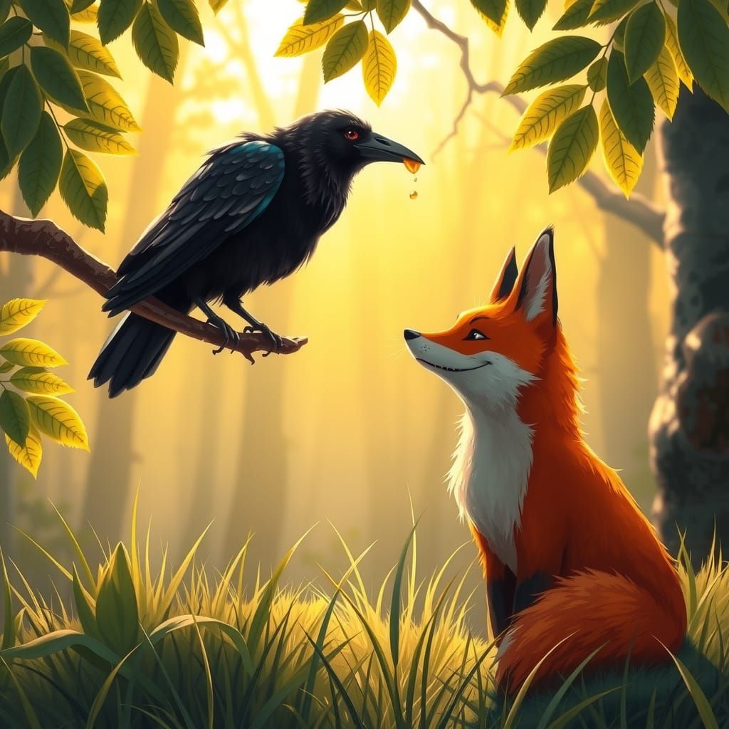 Fox and Crow With Cheese in Enchanted Forest