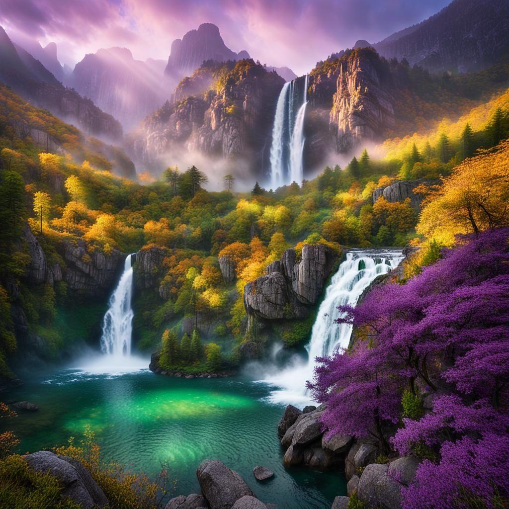 Majestic Waterfall in Emerald Valley: High-Definition Art