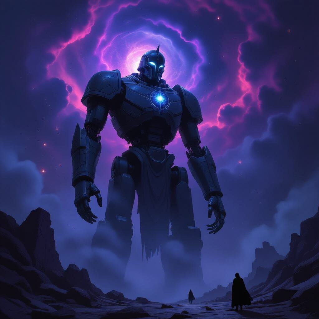 A colossal, ancient automaton crafted from obsidian and star...