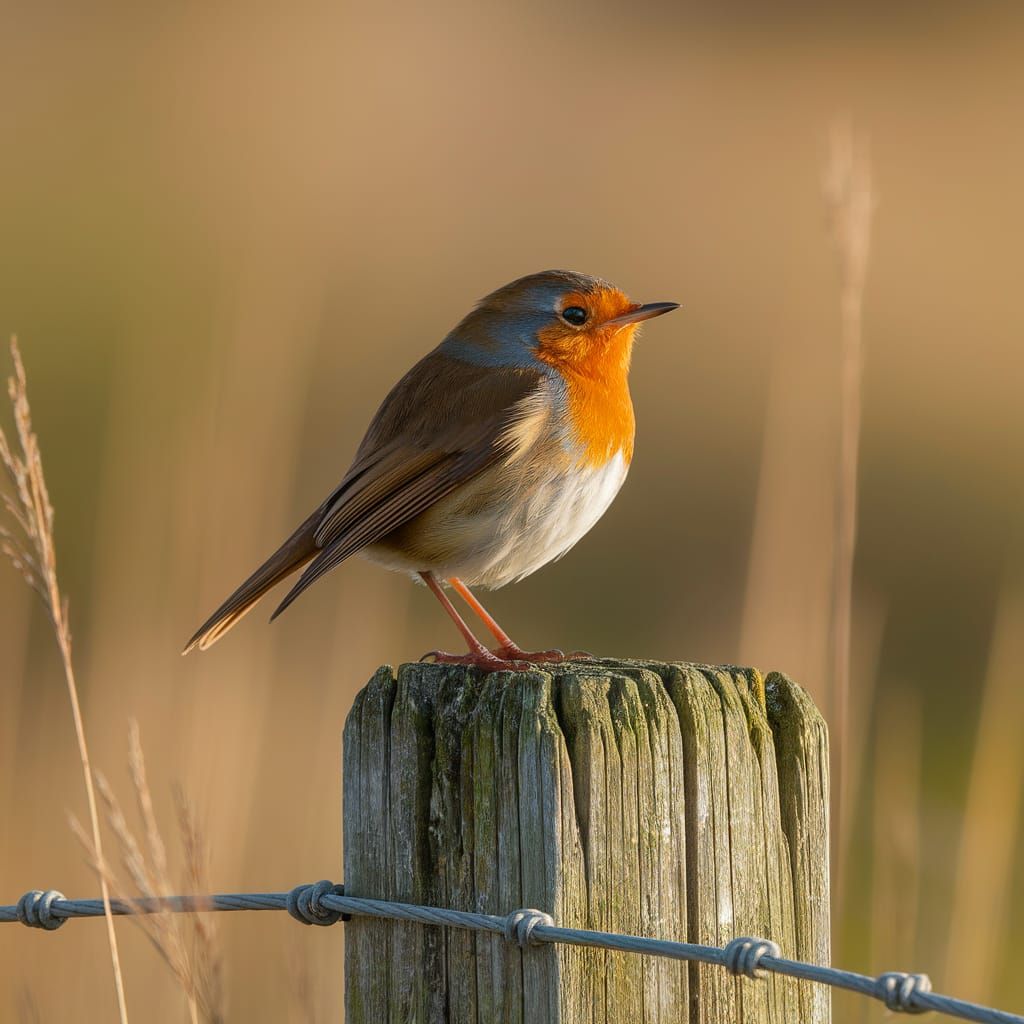 Cute Robin Perched on Fence Post in Sunlight