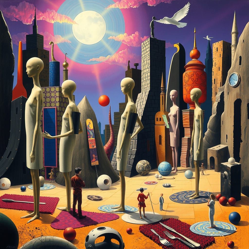 Dreamlike Scene with Distorted Figures in Bold, Vibrant Colo...