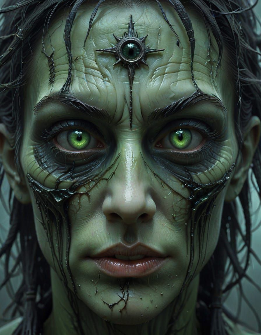 Ethereal Vampire Portrait with Glowing Green Eyes and Ninja...