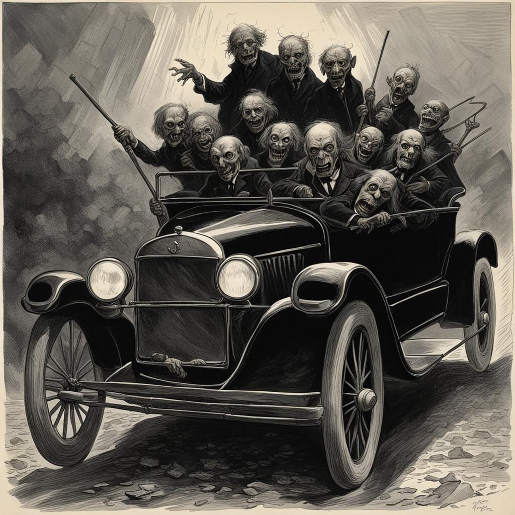 Horror Puppets in Black Car, Doré Style