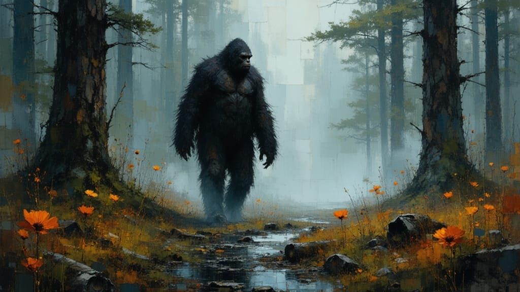 Gigantic Sasquatch in Misty Northwest Forest
