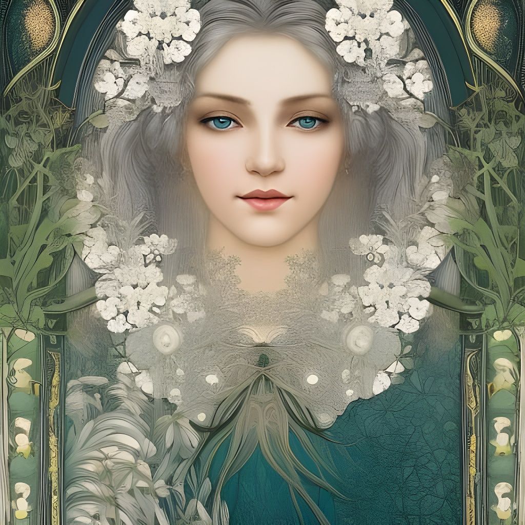 Girl with White Flowers: Art Nouveau Digital Painting