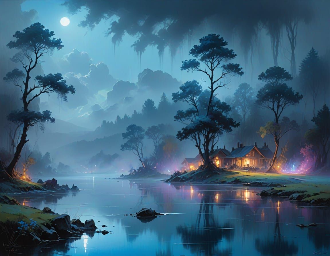 Enchanted Lake Landscape in Ethereal Blue Haze